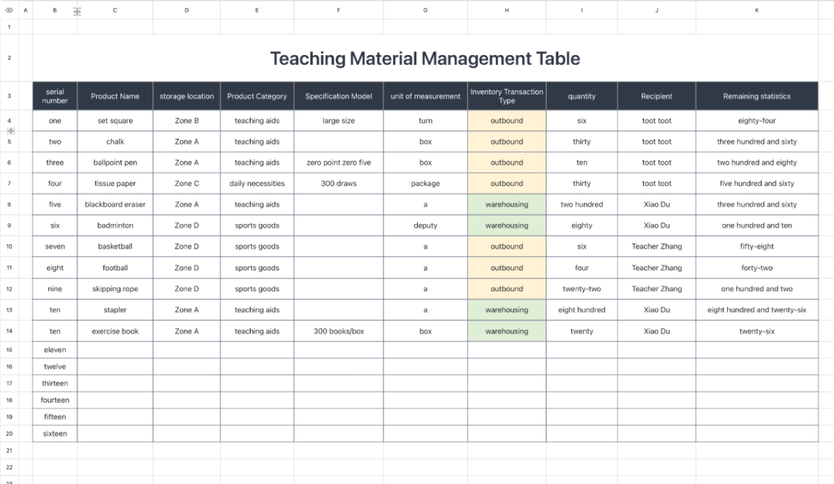 Teaching Material Management Table
